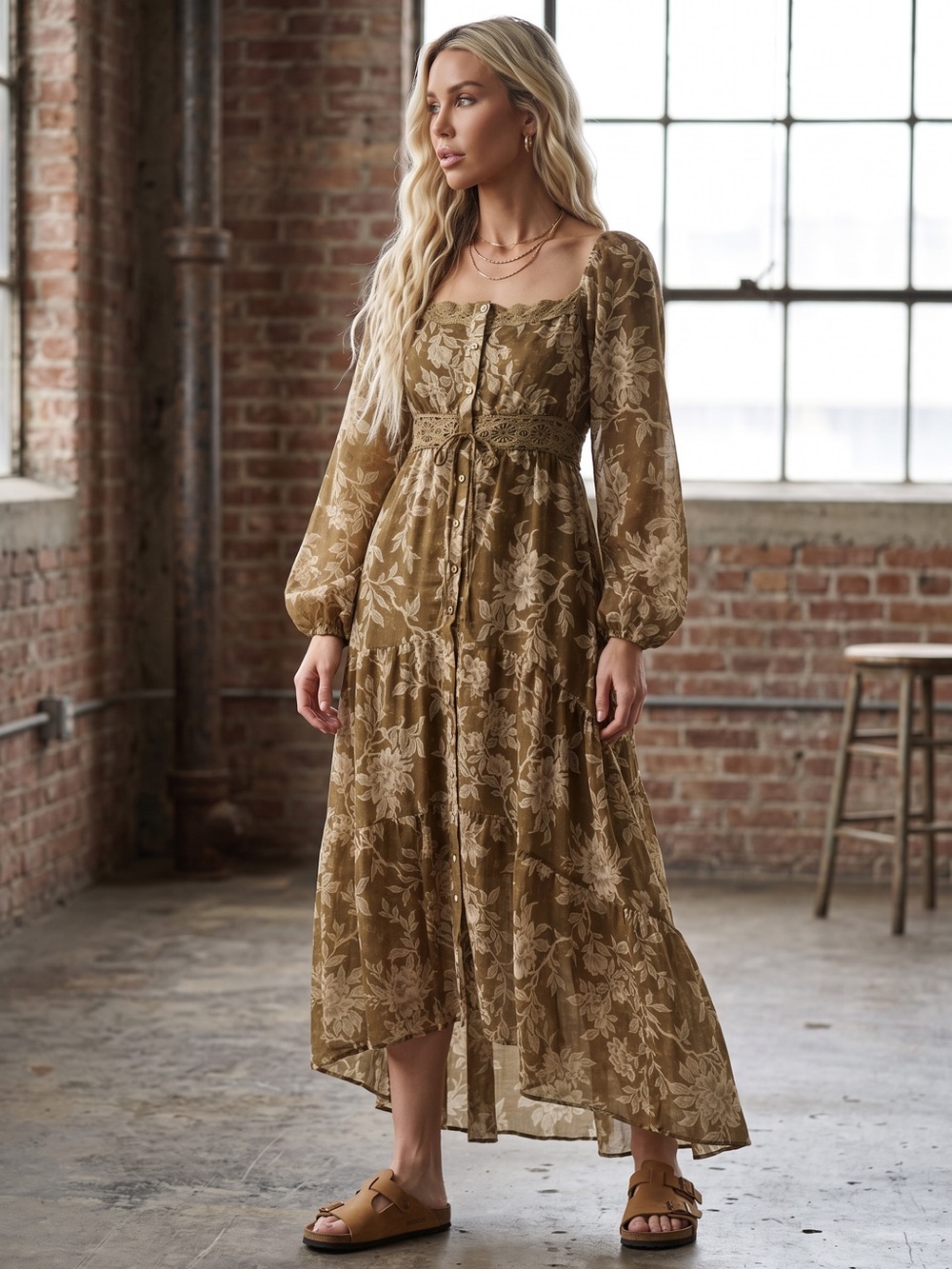 NWT Promesa Floral Boho Print Bubble Sleeve Maxi High Low Button Front Dress - Picture 5 of 9